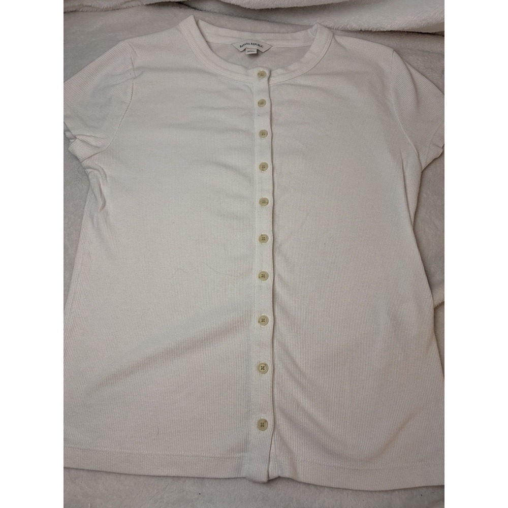 Banana Republic White Ribbed Short Sleeve Button Down Top S Slim Fit Coquette